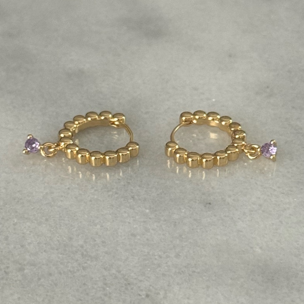 Gold Beaded Purple Crystal Dangle Hoop Earrings 

Brand New